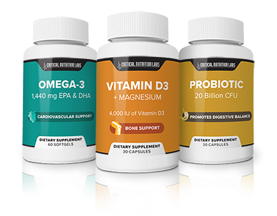 Three bottles of Critical Health Stack : probiotic, omega-3 and vitamin D3 + magnesium