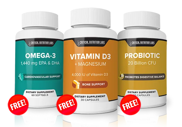 Critical Health Stack comes in 3 bottles: probiotic, omega-3 and vitamin D3 + magnesium