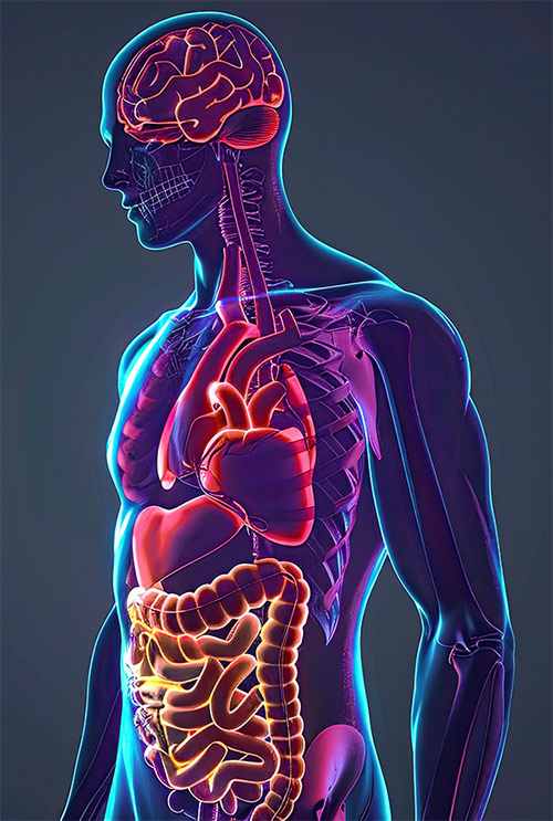 An anatomic illustration showing the link between the heart, the brain and the gut